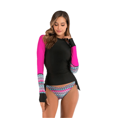 Women's striped long-sleeve surf suit with fast-drying, sun-proof fabric; separate diving swimwear – POWQUE Urban Style.
