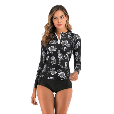Women's striped long-sleeve surf suit with fast-drying, sun-proof fabric; separate diving swimwear – POWQUE Urban Style.