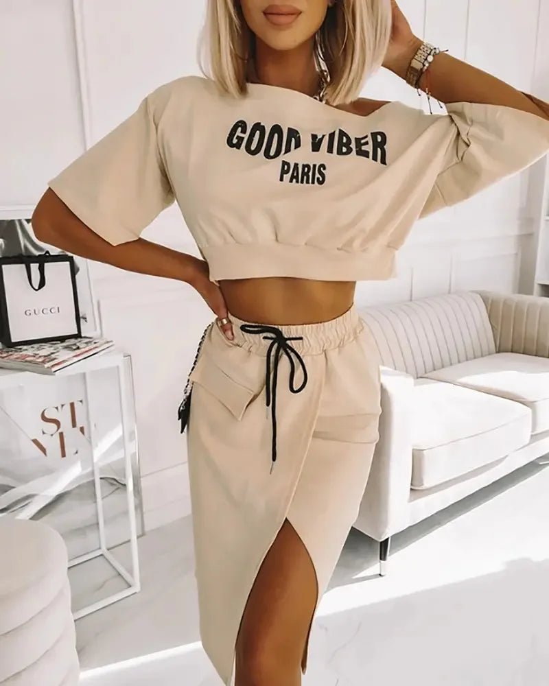 Plus Size One Shoulder Letter Print Set - POWQUE URBAN STYLE
