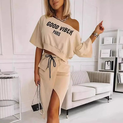 Plus Size One Shoulder Letter Print Set - POWQUE URBAN STYLE