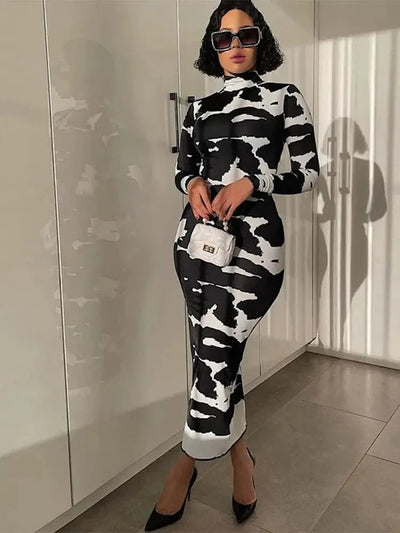 POWQUE URBAN STYLE black and white pattern polo neck slimming dress for women with long sleeves and midi length