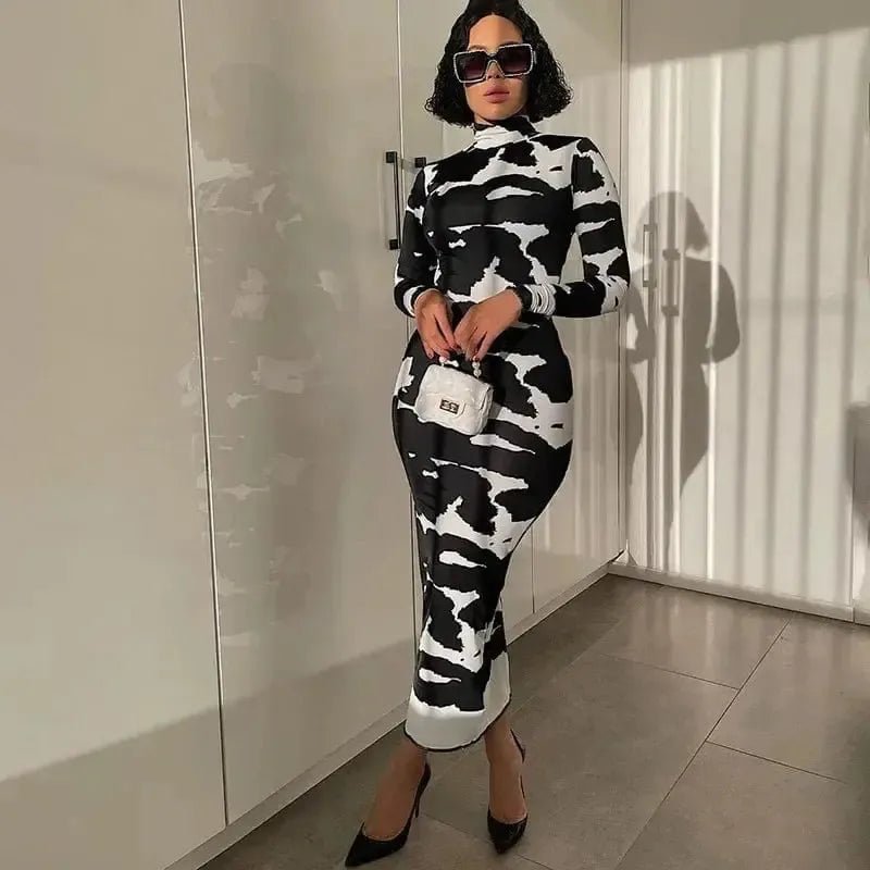 POWQUE URBAN STYLE black and white pattern polo neck slimming dress for women with long sleeves and midi length