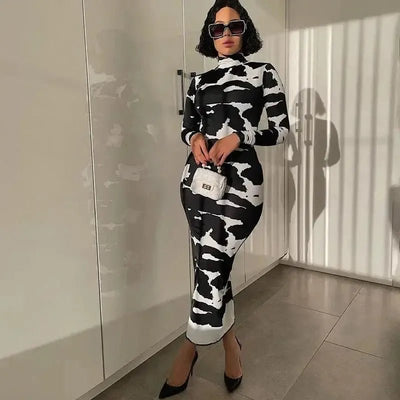 POWQUE URBAN STYLE black and white pattern polo neck slimming dress for women with long sleeves and midi length