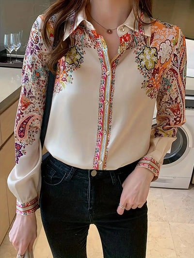 POWQUE Elegant Flower Print Blouse Women Casual Chic - POWQUE URBAN STYLE