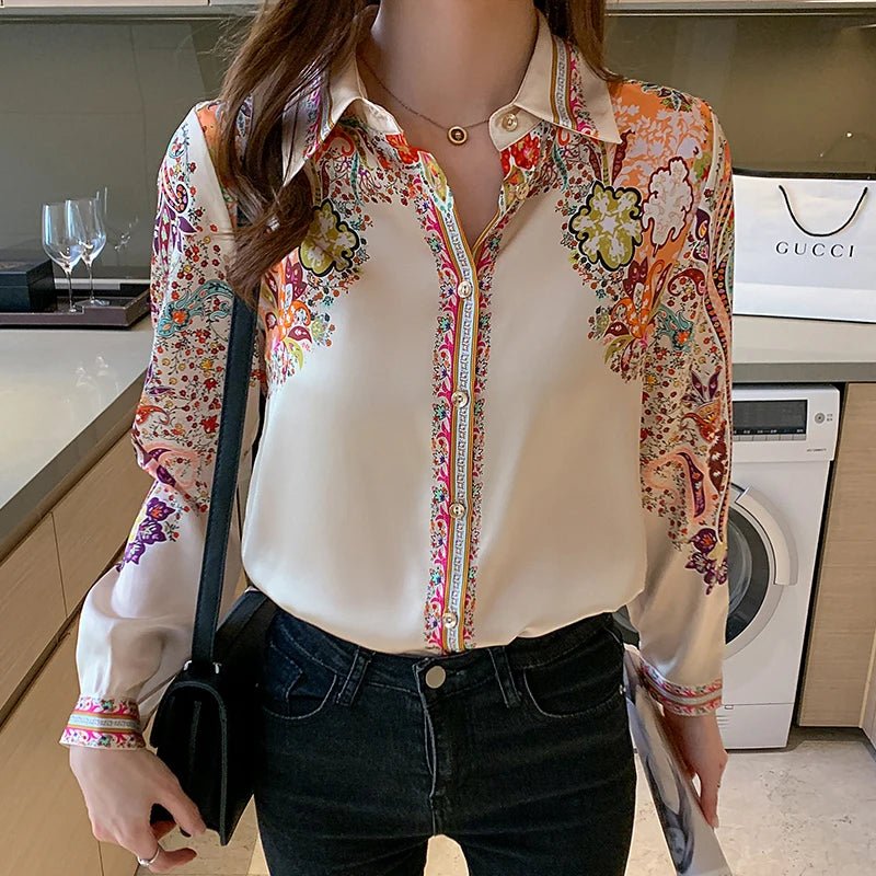 POWQUE Elegant Flower Print Blouse Women Casual Chic - POWQUE URBAN STYLE