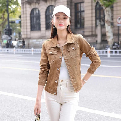 POWQUE Khaki Denim Jacket Women Stylish Urban Wear - POWQUE URBAN STYLE