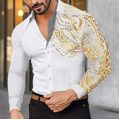 POWQUE Men's Floral 3D Print Dress Shirt Black White - POWQUE URBAN STYLE