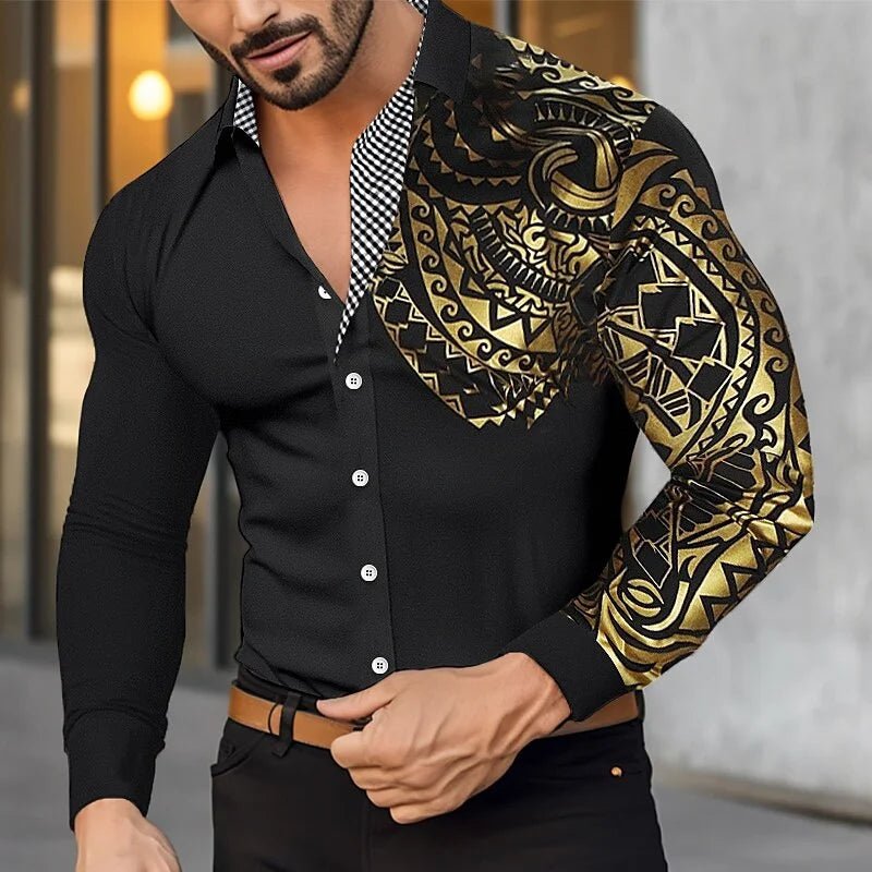 POWQUE Men's Floral 3D Print Dress Shirt Black White - POWQUE URBAN STYLE