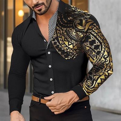 POWQUE Men's Floral 3D Print Dress Shirt Black White - POWQUE URBAN STYLE
