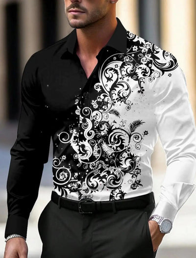 POWQUE Men's Floral 3D Print Dress Shirt Black White - POWQUE URBAN STYLE