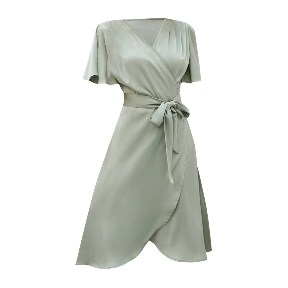 POWQUE Satin V Neck Summer Dress with Waist Tie - POWQUE URBAN STYLE