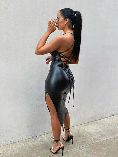 POWQUE Urban Backless PU Leather Midi Dress - POWQUE URBAN STYLE