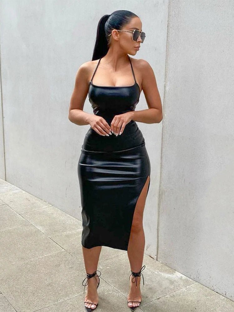POWQUE Urban Backless PU Leather Midi Dress - POWQUE URBAN STYLE