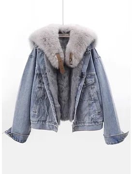 POWQUE Urban Detachable Denim Jacket with Fur Collar - POWQUE URBAN STYLE