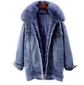 POWQUE Urban Detachable Denim Jacket with Fur Collar - POWQUE URBAN STYLE