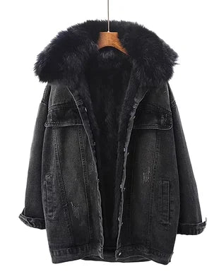 POWQUE Urban Detachable Denim Jacket with Fur Collar - POWQUE URBAN STYLE