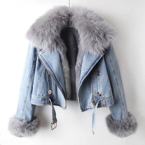 POWQUE Urban Detachable Denim Jacket with Fur Collar - POWQUE URBAN STYLE