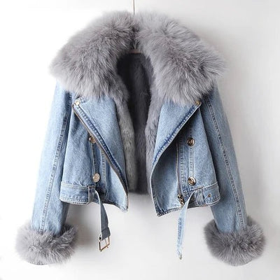 POWQUE Urban Detachable Denim Jacket with Fur Collar - POWQUE URBAN STYLE