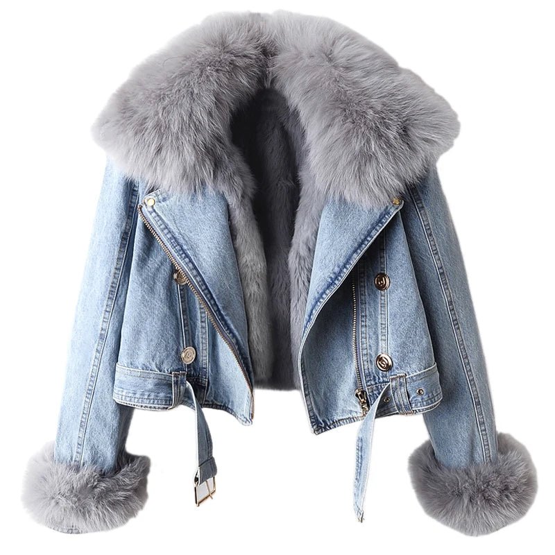 POWQUE Urban Detachable Denim Jacket with Fur Collar - POWQUE URBAN STYLE