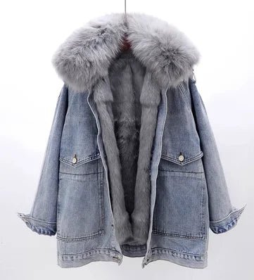 POWQUE Urban Detachable Denim Jacket with Fur Collar - POWQUE URBAN STYLE