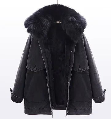 POWQUE Urban Detachable Denim Jacket with Fur Collar - POWQUE URBAN STYLE