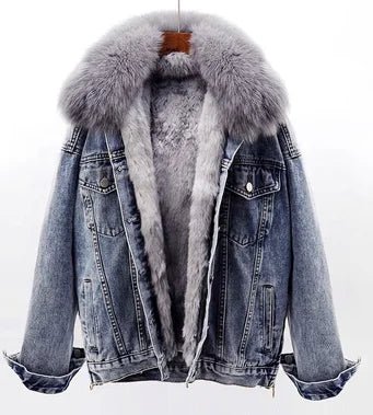 POWQUE Urban Detachable Denim Jacket with Fur Collar - POWQUE URBAN STYLE