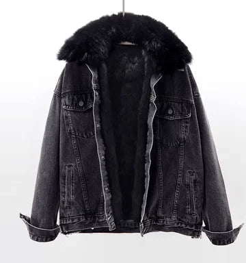 POWQUE Urban Detachable Denim Jacket with Fur Collar - POWQUE URBAN STYLE