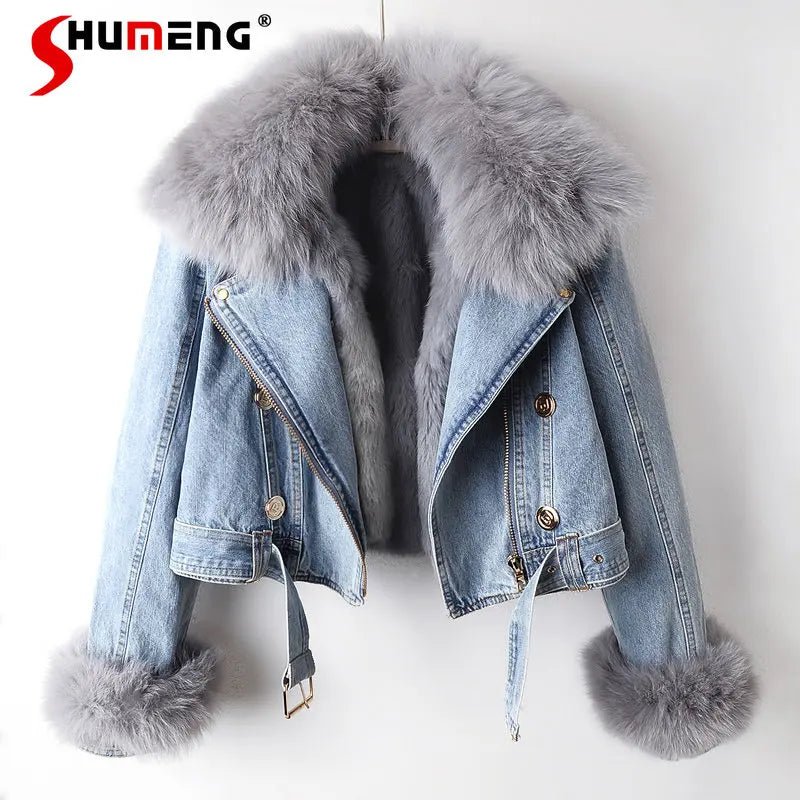 POWQUE Urban Detachable Denim Jacket with Fur Collar - POWQUE URBAN STYLE