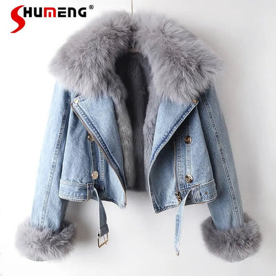 POWQUE Urban Detachable Denim Jacket with Fur Collar - POWQUE URBAN STYLE