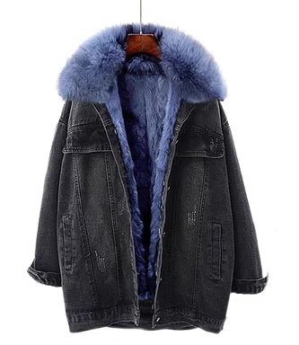 POWQUE Urban Detachable Denim Jacket with Fur Collar - POWQUE URBAN STYLE