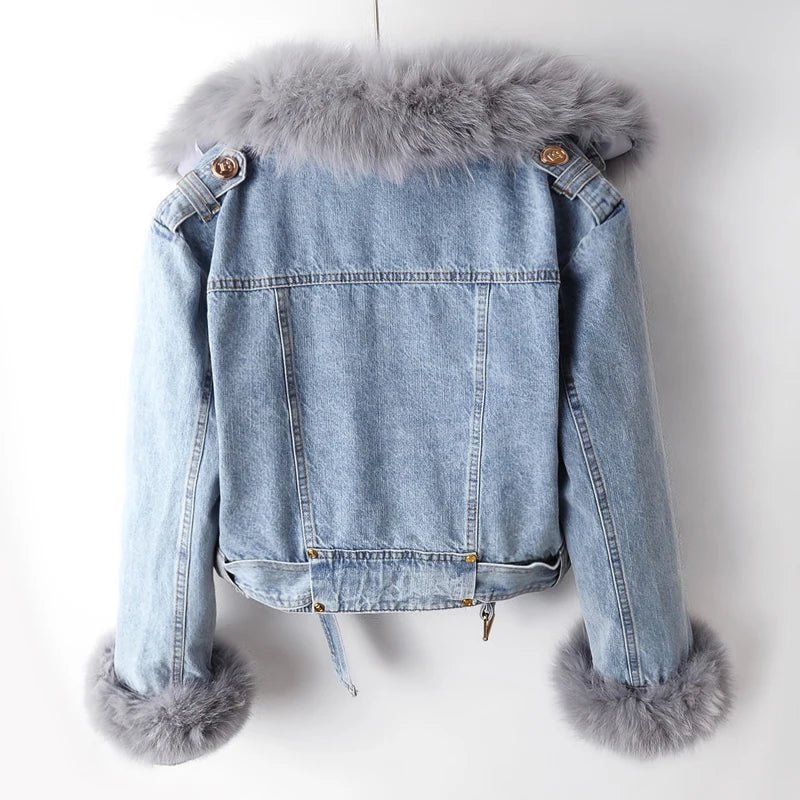 POWQUE Urban Detachable Denim Jacket with Fur Collar - POWQUE URBAN STYLE