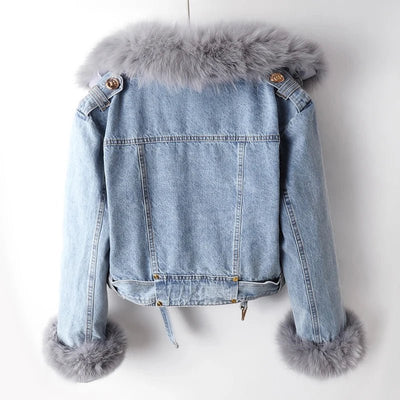 POWQUE Urban Detachable Denim Jacket with Fur Collar - POWQUE URBAN STYLE
