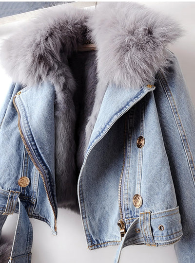 POWQUE Urban Detachable Denim Jacket with Fur Collar - POWQUE URBAN STYLE