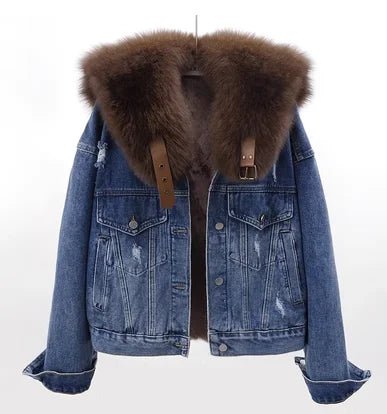 POWQUE Urban Detachable Denim Jacket with Fur Collar - POWQUE URBAN STYLE
