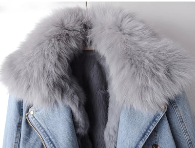 POWQUE Urban Detachable Denim Jacket with Fur Collar - POWQUE URBAN STYLE