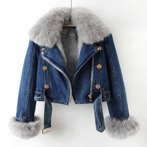POWQUE Urban Detachable Denim Jacket with Fur Collar - POWQUE URBAN STYLE
