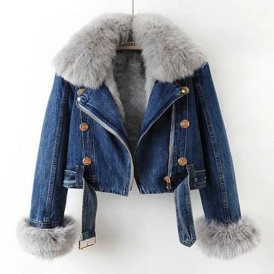 POWQUE Urban Detachable Denim Jacket with Fur Collar - POWQUE URBAN STYLE