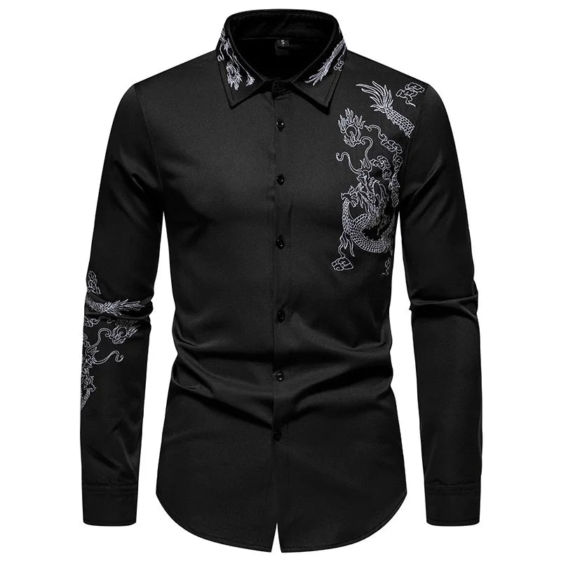 POWQUE Urban Dragon Embroidered Long Sleeve Shirt - POWQUE URBAN STYLE