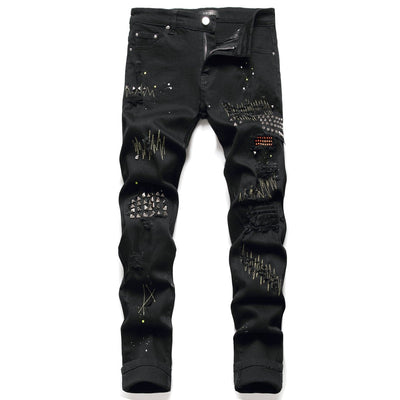POWQUE Urban Men's Slim Fit Ripped Jeans with Studs - POWQUE URBAN STYLE