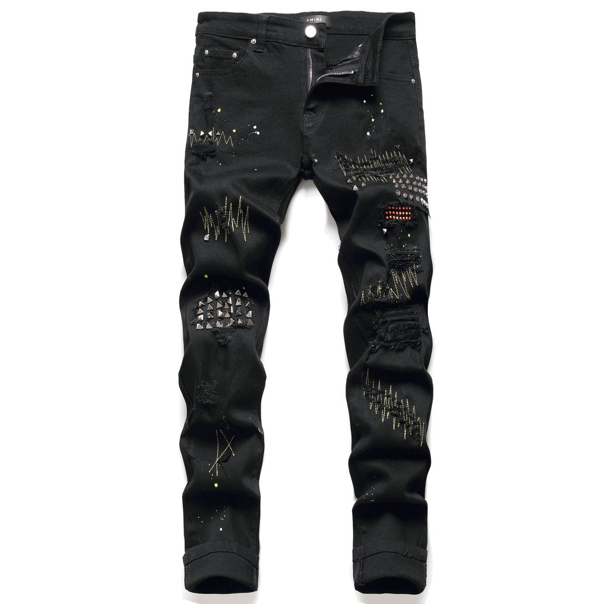 POWQUE Urban Men's Slim Fit Ripped Jeans with Studs - POWQUE URBAN STYLE