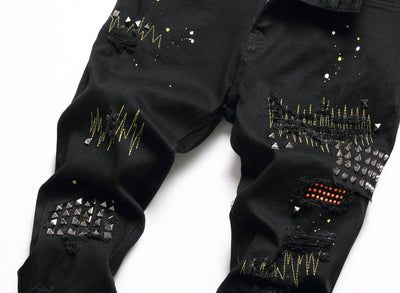 POWQUE Urban Men's Slim Fit Ripped Jeans with Studs - POWQUE URBAN STYLE