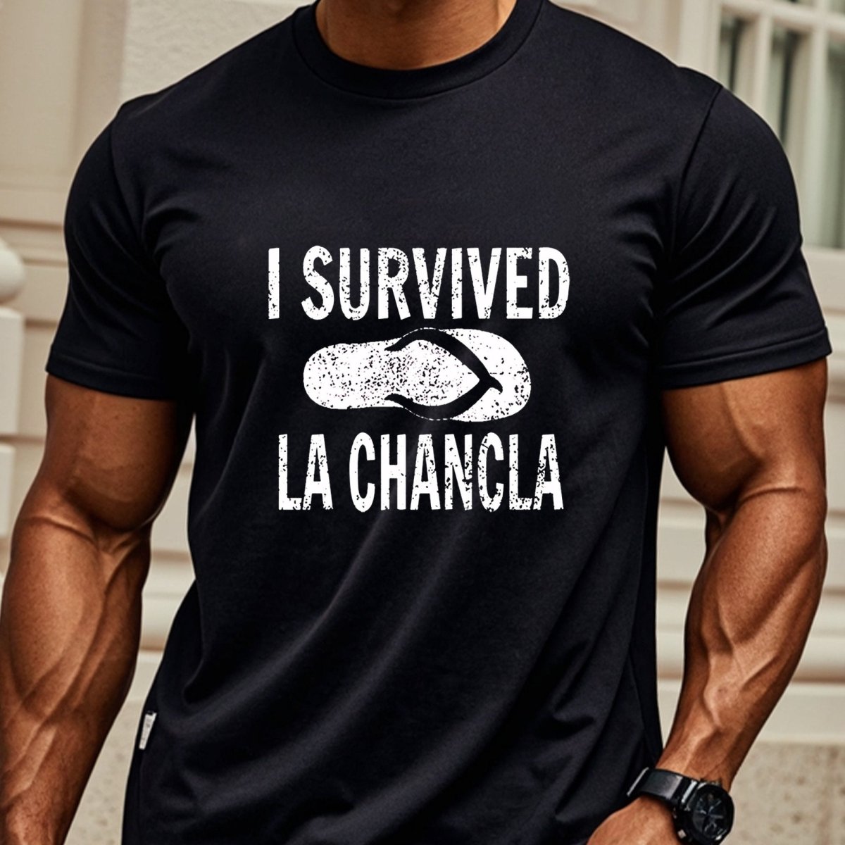 POWQUE Urban Men's Summer Shoe Print T-Shirt - I Survived La Chancla - POWQUE URBAN STYLE