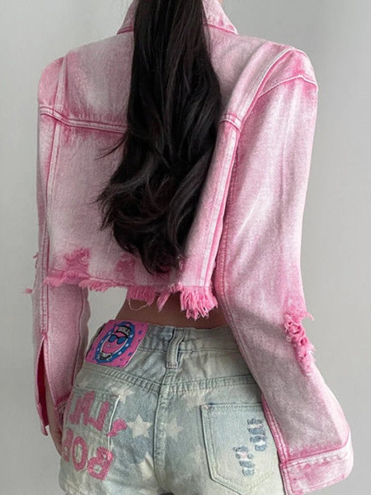 POWQUE Urban Pink Cropped Denim Jacket Women – Distressed Style - POWQUE URBAN STYLE