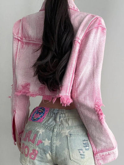 POWQUE Urban Pink Cropped Denim Jacket Women – Distressed Style - POWQUE URBAN STYLE
