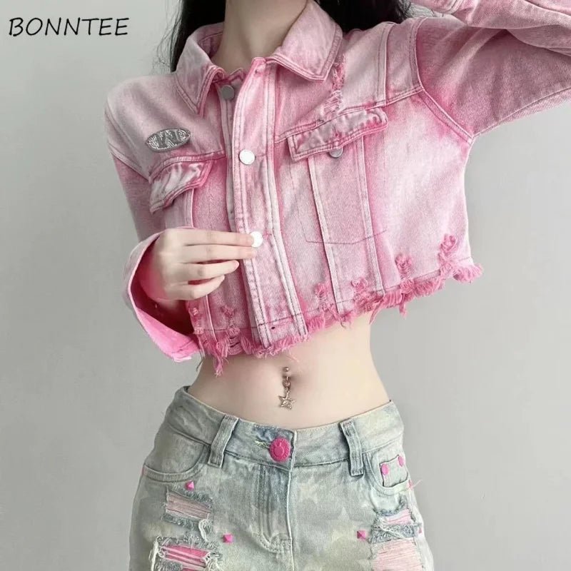 POWQUE Urban Pink Cropped Denim Jacket Women – Distressed Style - POWQUE URBAN STYLE