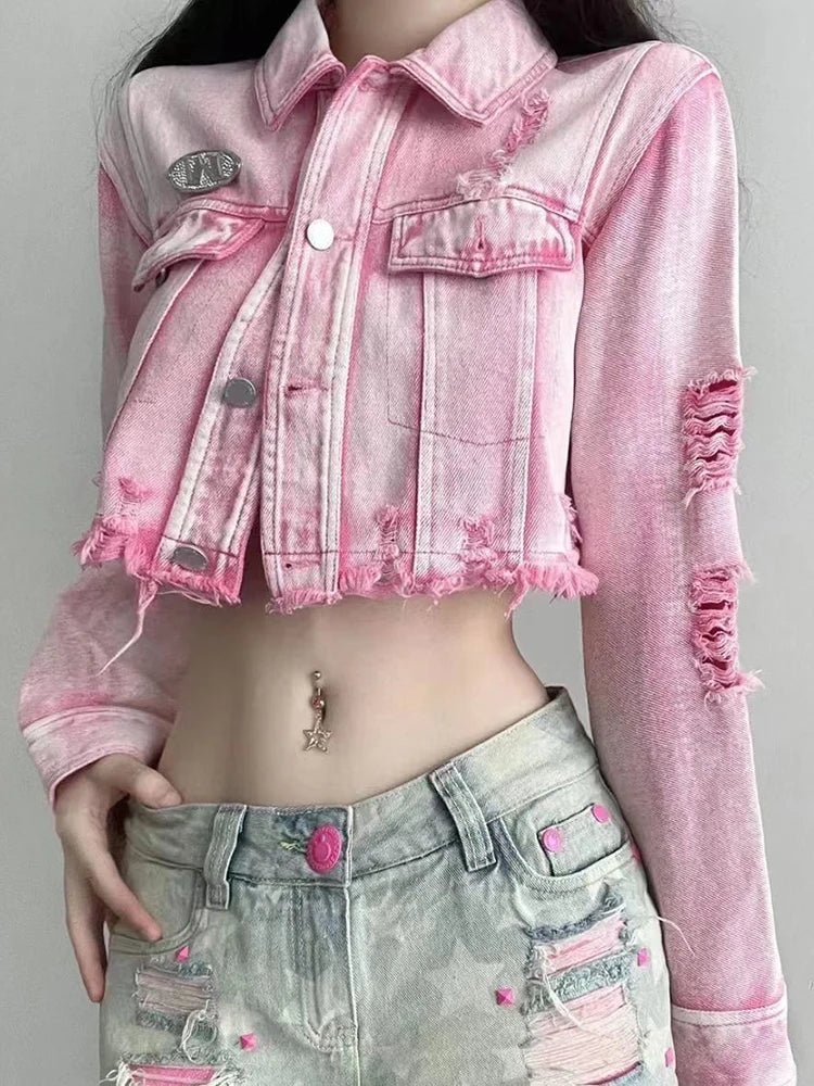 POWQUE Urban Pink Cropped Denim Jacket Women – Distressed Style - POWQUE URBAN STYLE