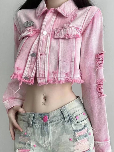 POWQUE Urban Pink Cropped Denim Jacket Women – Distressed Style - POWQUE URBAN STYLE