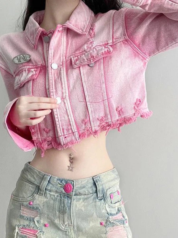 POWQUE Urban Pink Cropped Denim Jacket Women – Distressed Style - POWQUE URBAN STYLE