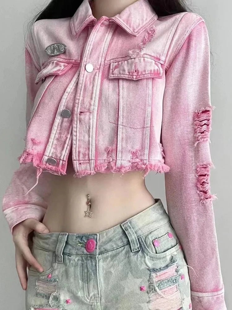POWQUE Urban Pink Cropped Denim Jacket Women – Distressed Style - POWQUE URBAN STYLE