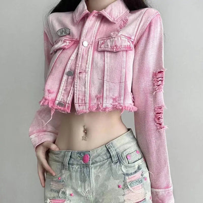 POWQUE Urban Pink Cropped Denim Jacket Women – Distressed Style - POWQUE URBAN STYLE